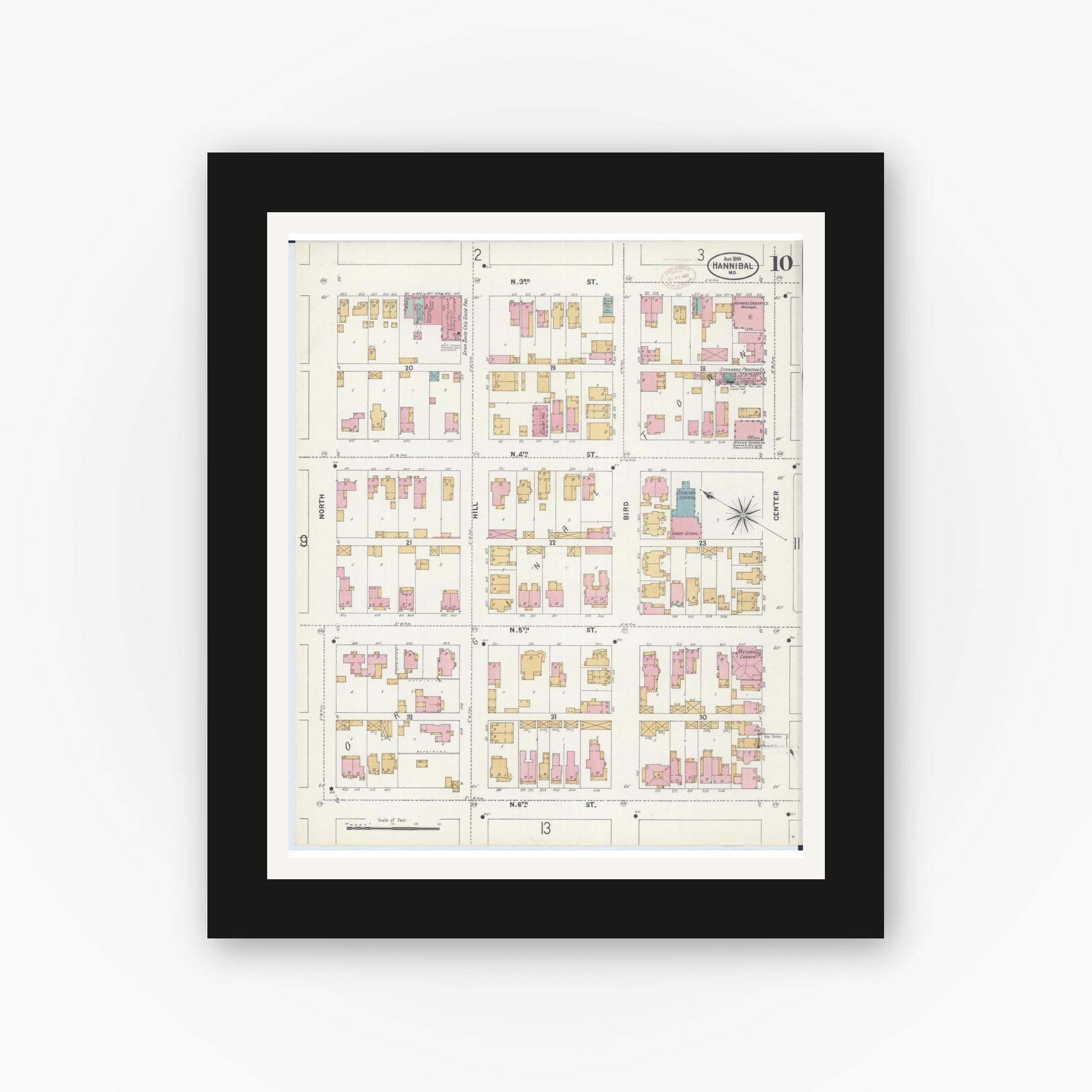 Old map wall art mockup — black gallery frame with white mat — Sanborn Fire Insurance Map from Hannibal, Marion County, Missouri (1899), Sheet #0010