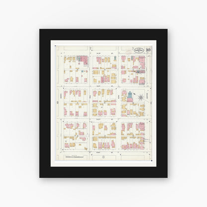 Old map wall art mockup — black gallery frame with white mat — Sanborn Fire Insurance Map from Hannibal, Marion County, Missouri (1899), Sheet #0010