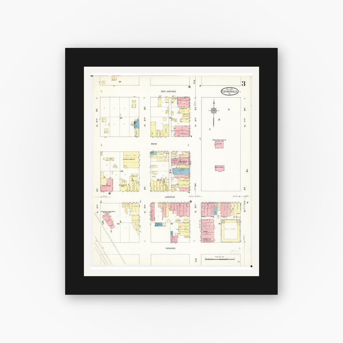 Old map wall art mockup — black gallery frame with white mat — Sanborn Fire Insurance Map from Estherville, Emmet County, Iowa (1913), Sheet #0003