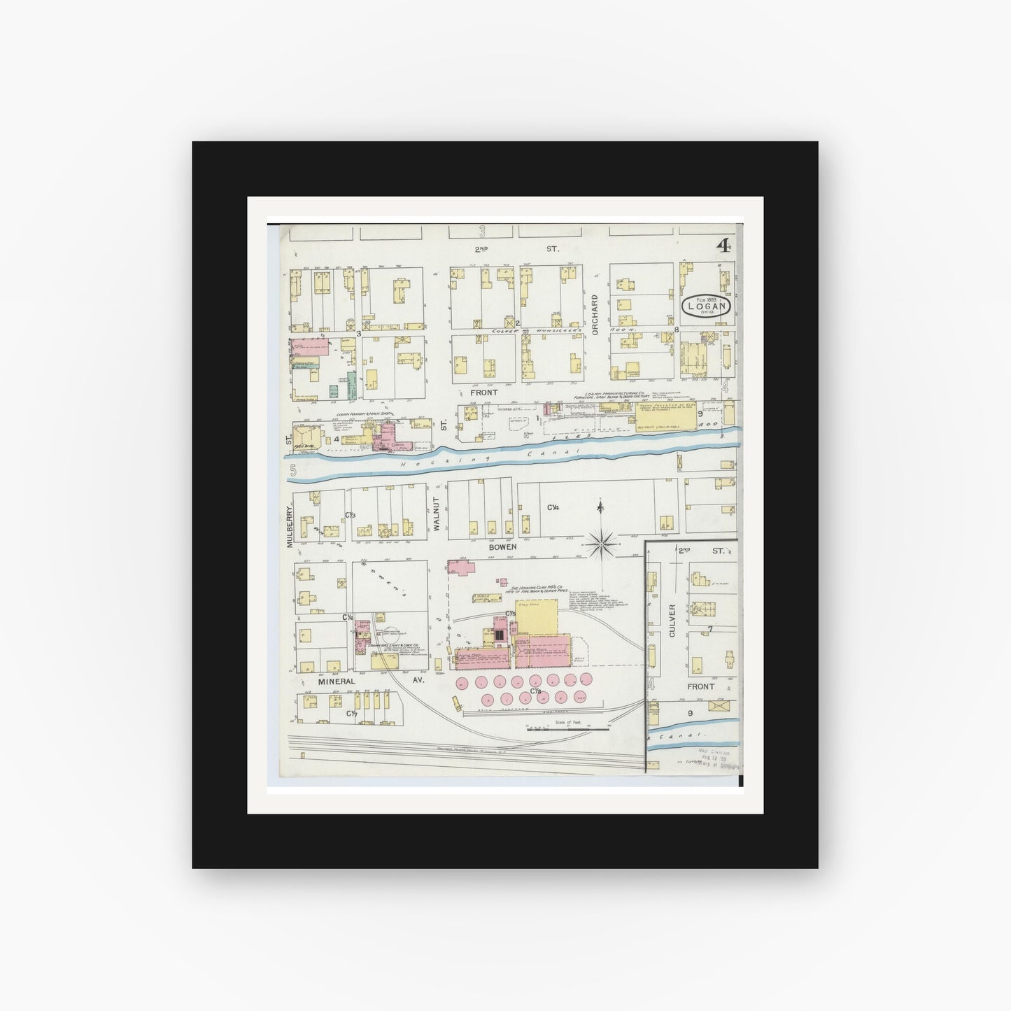 Old map wall art mockup — black gallery frame with white mat — Sanborn Fire Insurance Map from Logan, Hocking County, Ohio (1893), Sheet #0004