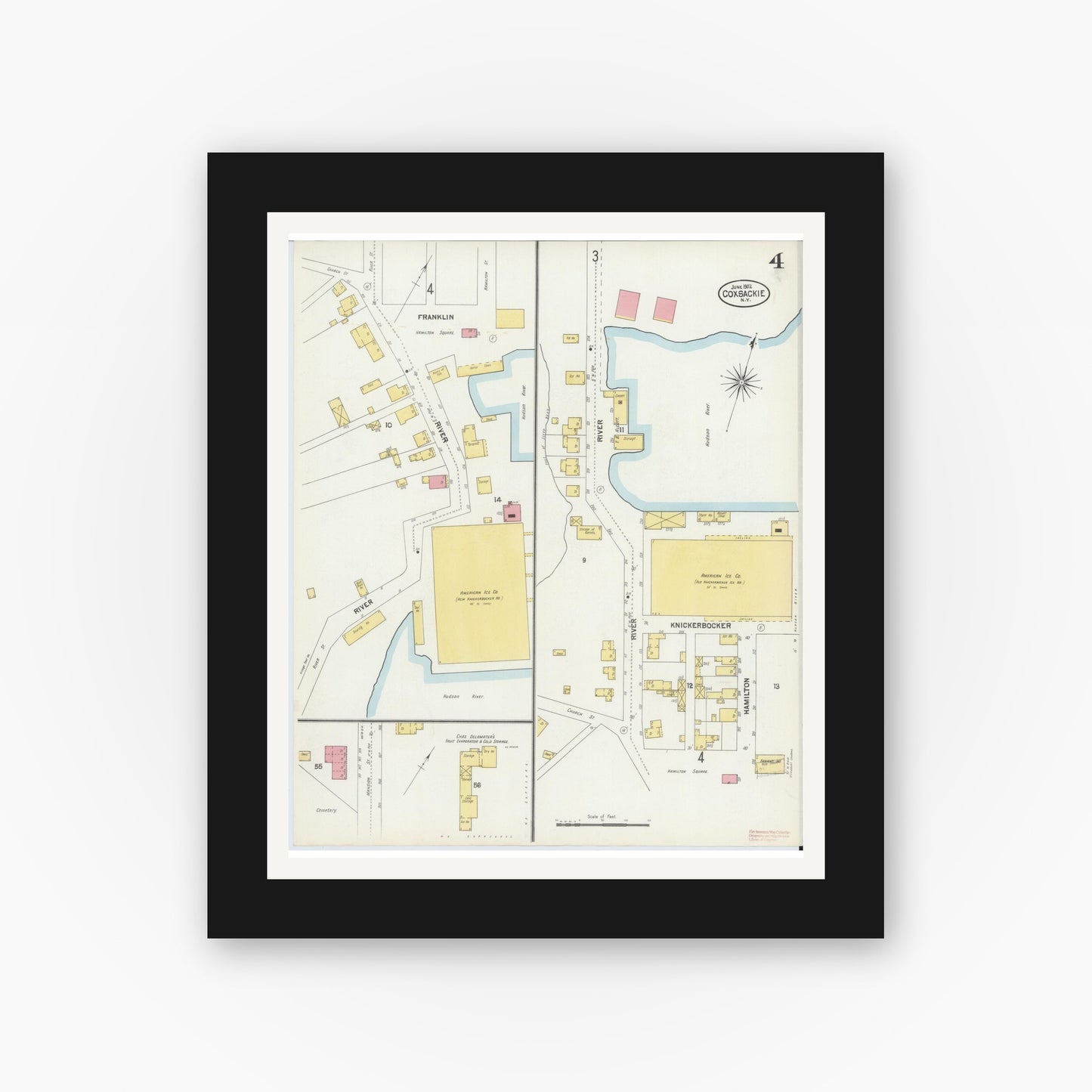 Old map wall art mockup — black gallery frame with white mat — Sanborn Fire Insurance Map from Coxsackie, Greene County, New York (1902), Sheet #0004