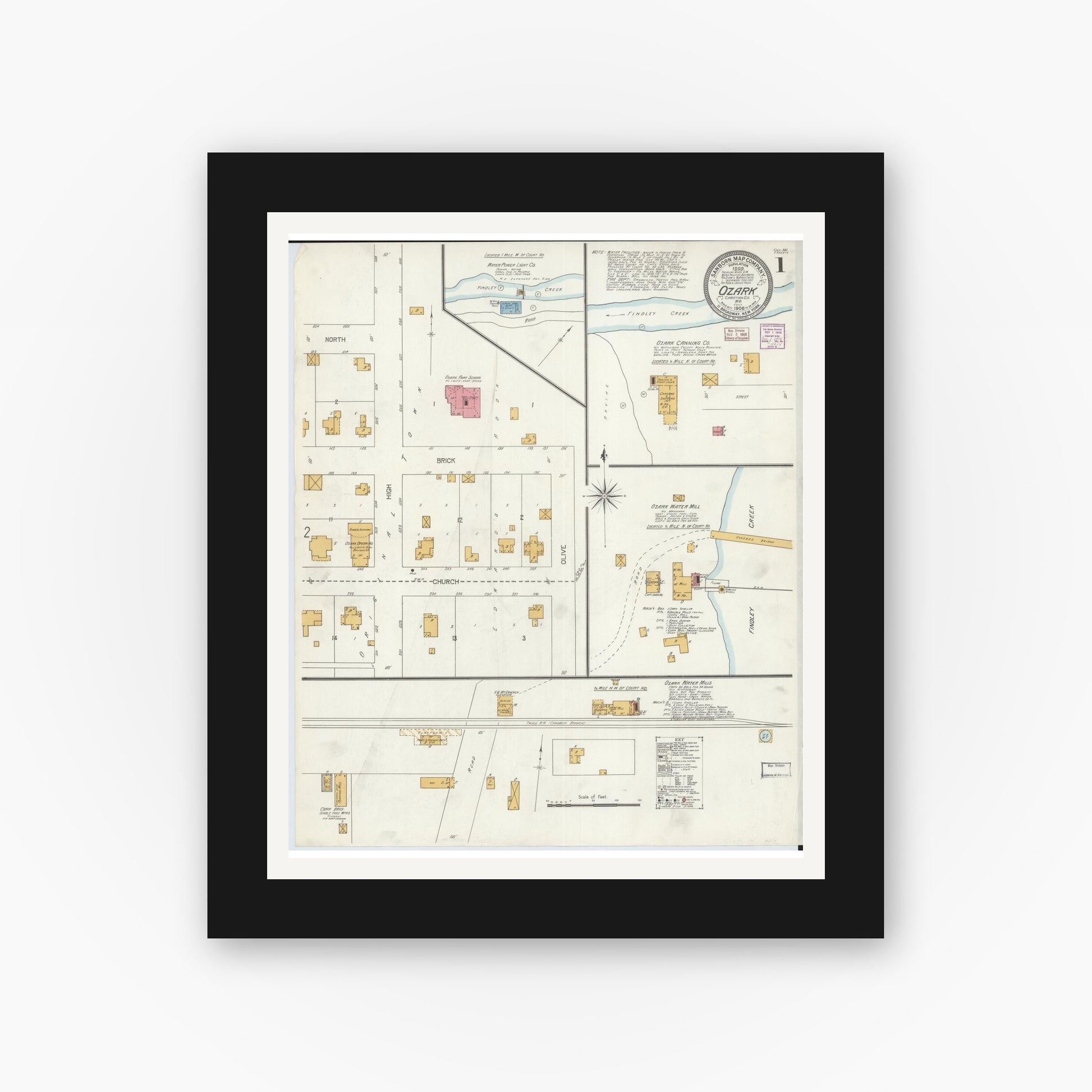 Old map wall art mockup — black gallery frame with white mat — Sanborn Fire Insurance Map from Ozark, Christian County, Missouri (1906) - Complete Map Set