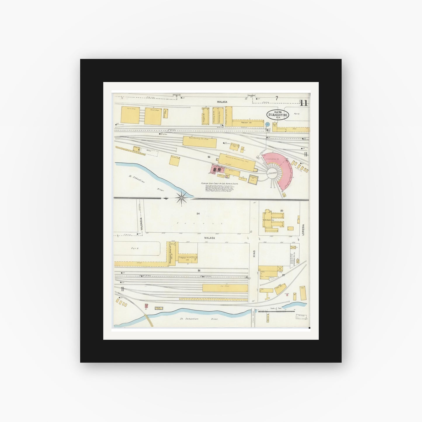 Old map wall art mockup — black gallery frame with white mat — Sanborn Fire Insurance Map from Saint Augustine, Saint John's County, Florida (1904), Sheet #0011
