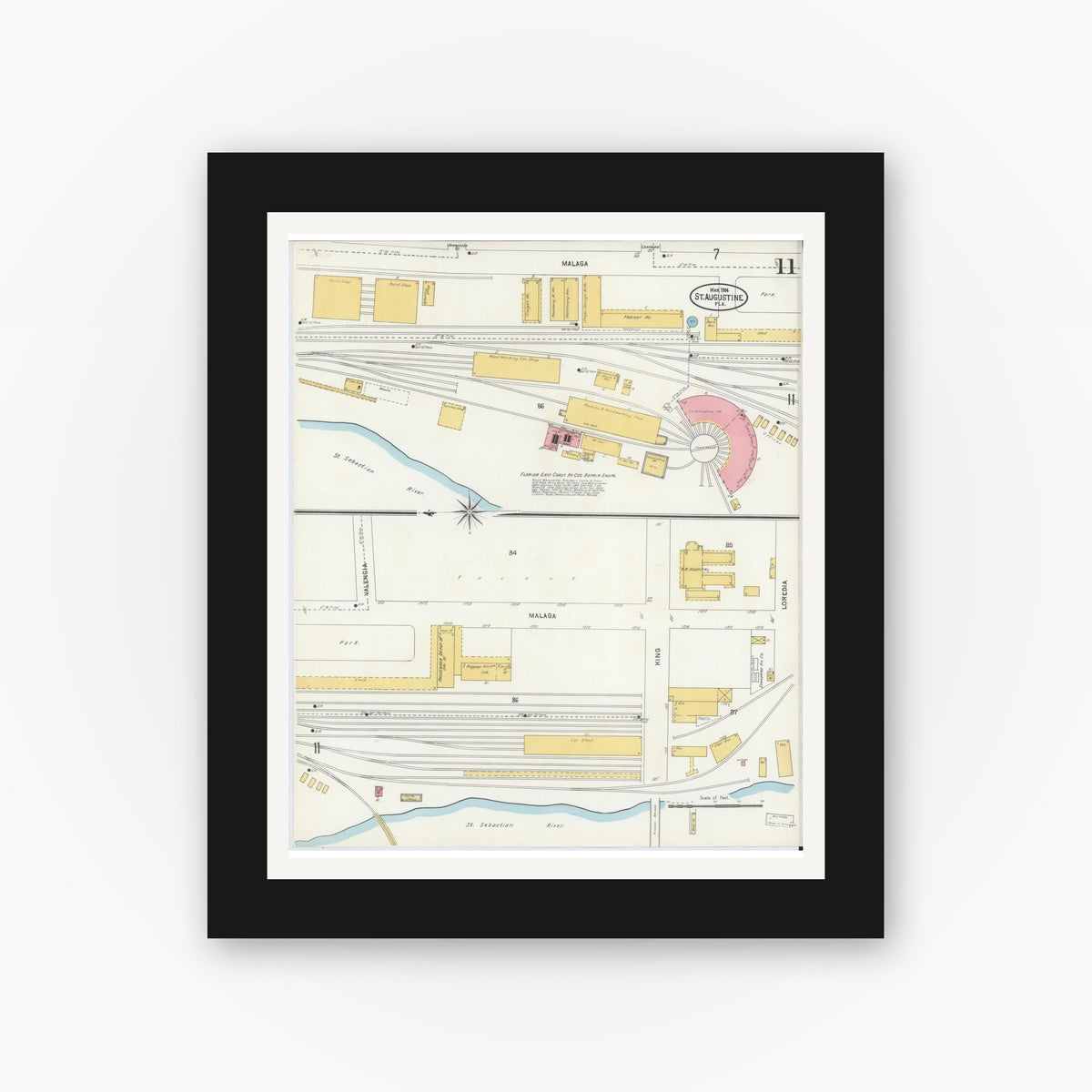 Old map wall art mockup — black gallery frame with white mat — Sanborn Fire Insurance Map from Saint Augustine, Saint John's County, Florida (1904), Sheet #0011