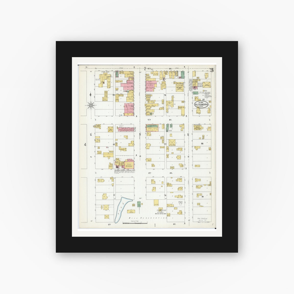 Old map wall art mockup — black gallery frame with white mat — Sanborn Fire Insurance Map from Alexandria, Douglas County, Minnesota (1899), Sheet #0003