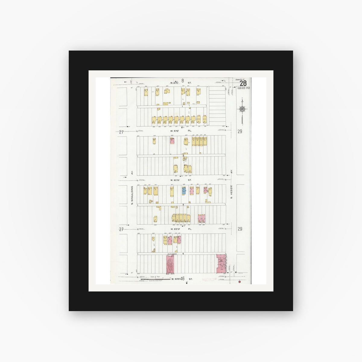 Old map wall art mockup — black gallery frame with white mat — Sanborn Fire Insurance Map from Chicago, Cook County, Illinois (1920), Sheet #0028