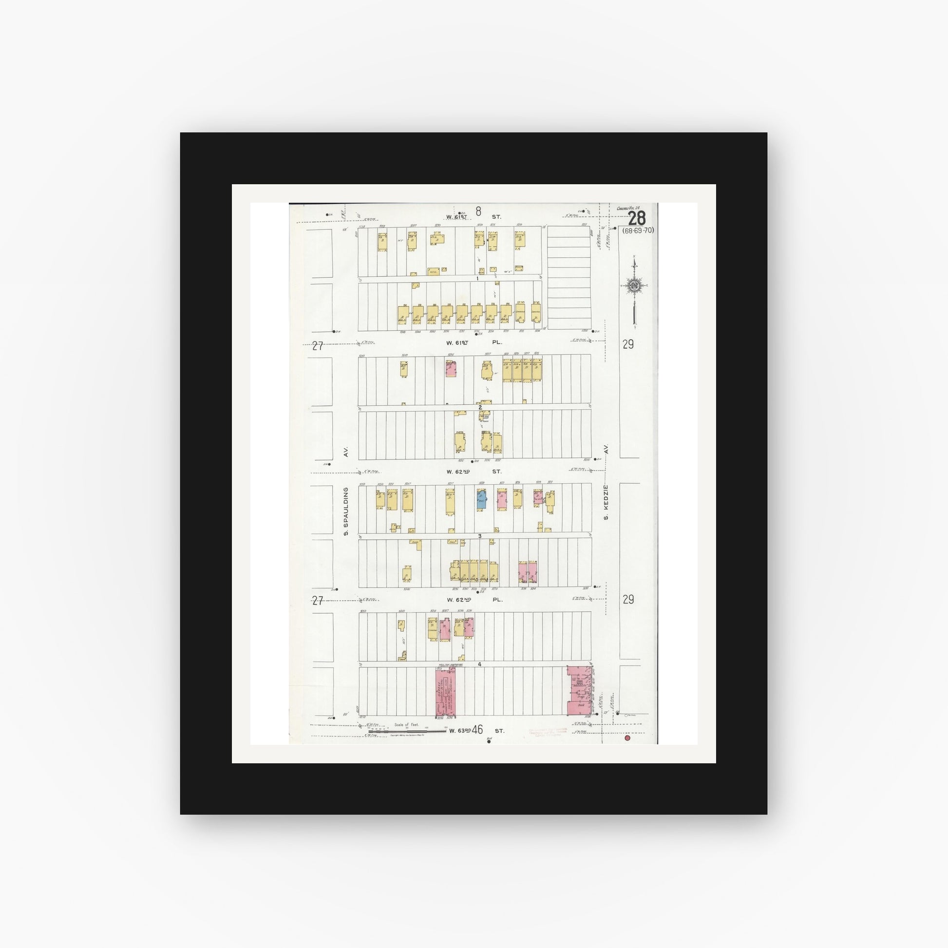 Old map wall art mockup — black gallery frame with white mat — Sanborn Fire Insurance Map from Chicago, Cook County, Illinois (1920), Sheet #0028