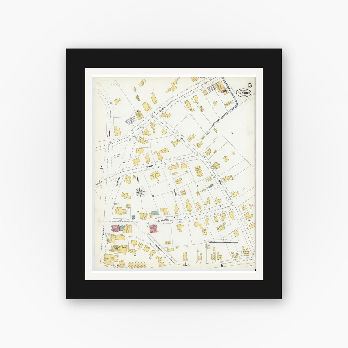 Old map wall art mockup — black gallery frame with white mat — Sanborn Fire Insurance Map from Reading, Middlesex County, Massachusetts (1903), Sheet #0005
