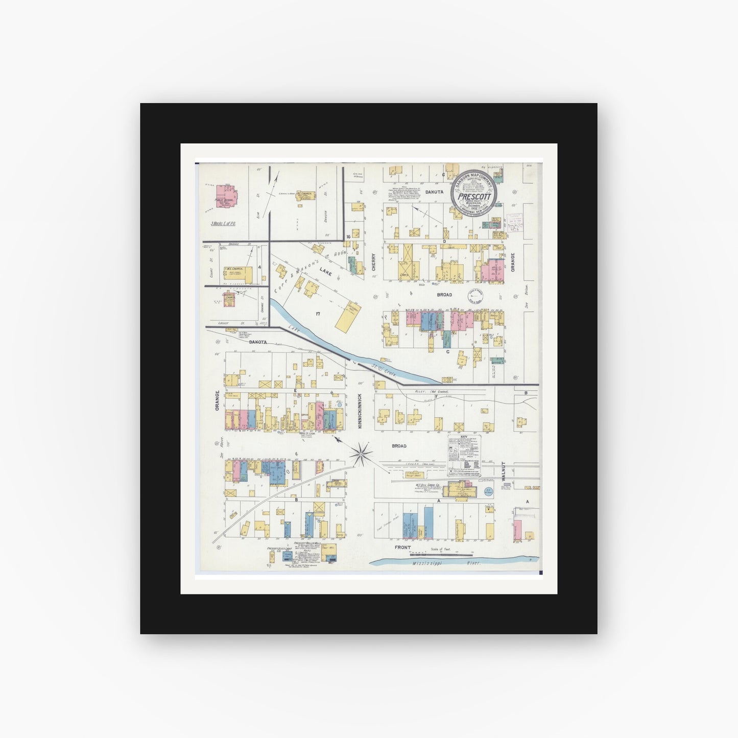 Old map wall art mockup — black gallery frame with white mat — Sanborn Fire Insurance Map from Prescott, Pierce County, Wisconsin (1902), Sheet #0001