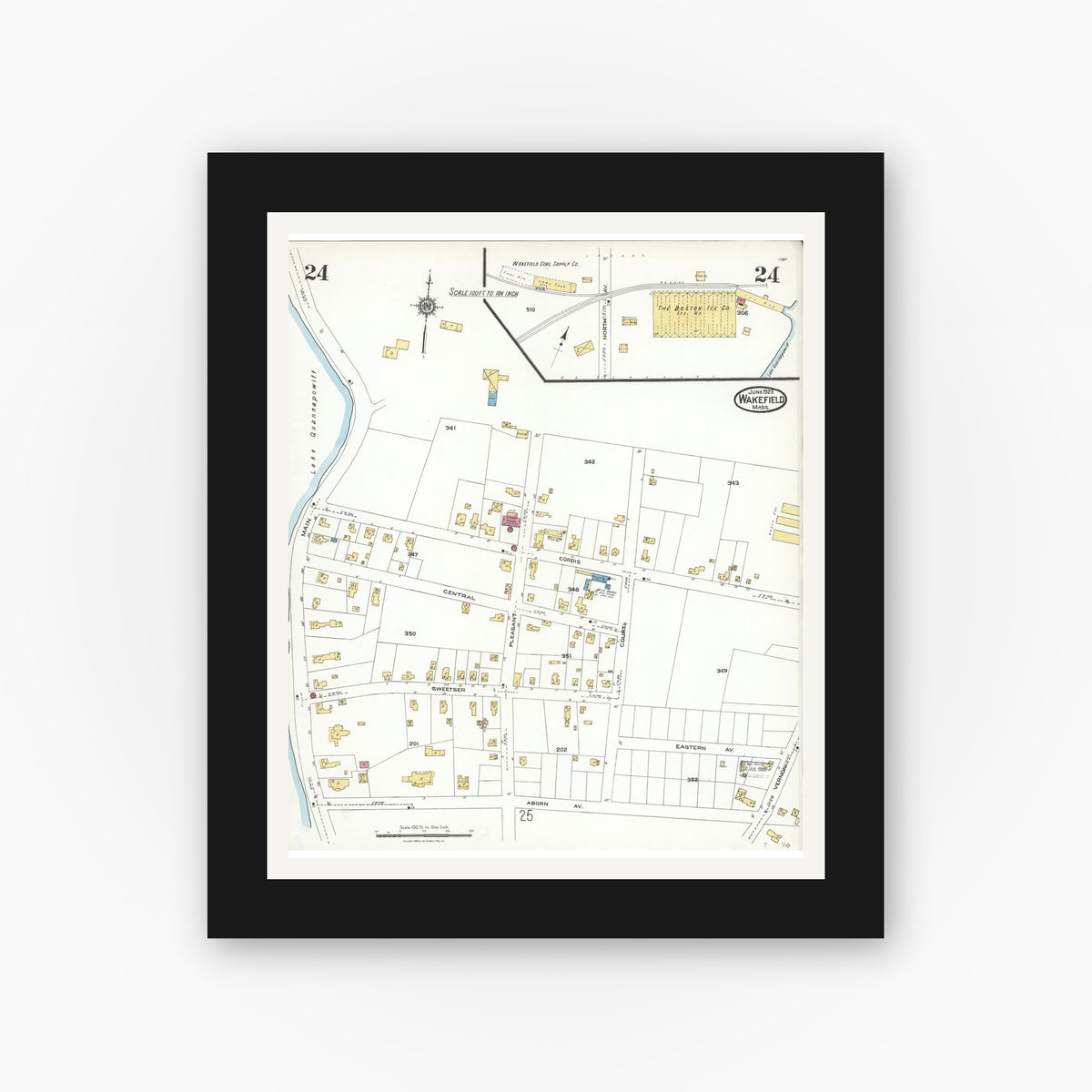 Old map wall art mockup — black gallery frame with white mat — Sanborn Fire Insurance Map from Wakefield, Middlesex County, Massachusetts (1923), Sheet #0024