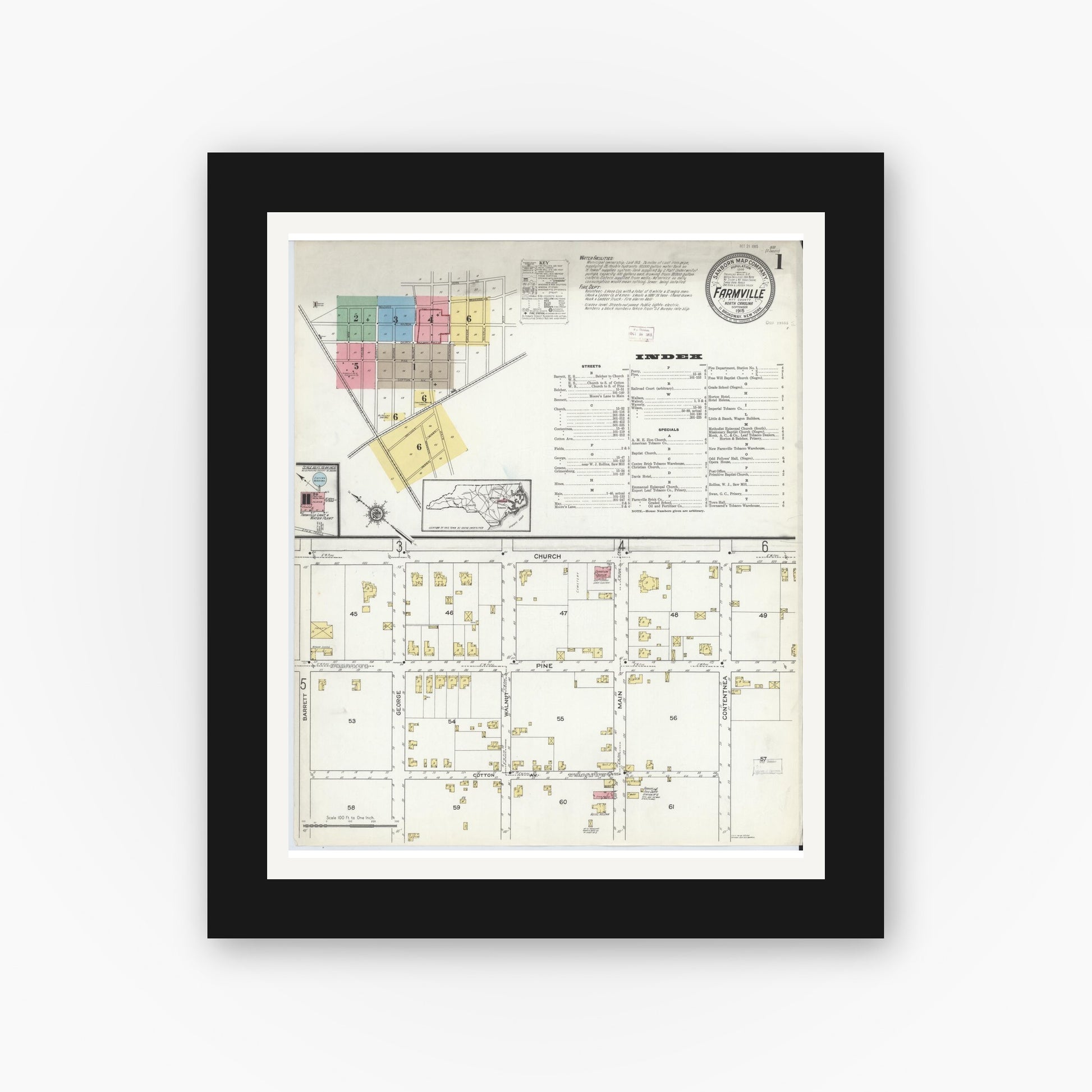 Old map wall art mockup — black gallery frame with white mat — Sanborn Fire Insurance Map from Farmville, Pitt County, North Carolina (1915), Sheet #0001