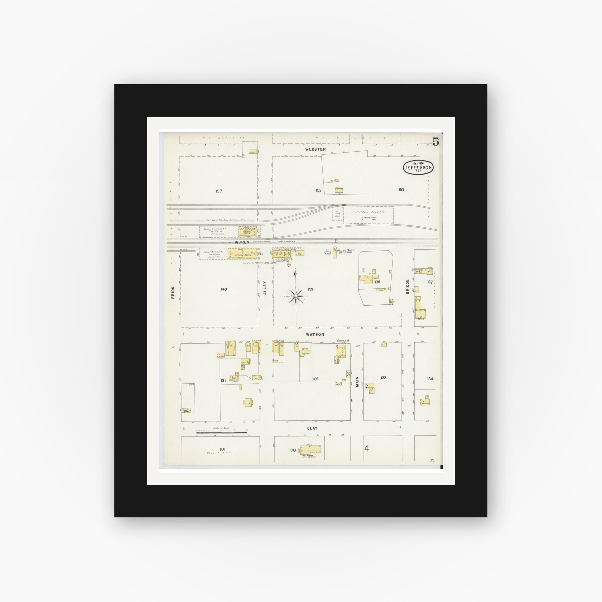 Old map wall art mockup — black gallery frame with white mat — Sanborn Fire Insurance Map from Jefferson, Marion County, Texas (1896), Sheet #0005