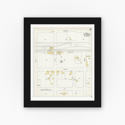 Old map wall art mockup — black gallery frame with white mat — Sanborn Fire Insurance Map from Jefferson, Marion County, Texas (1896), Sheet #0005
