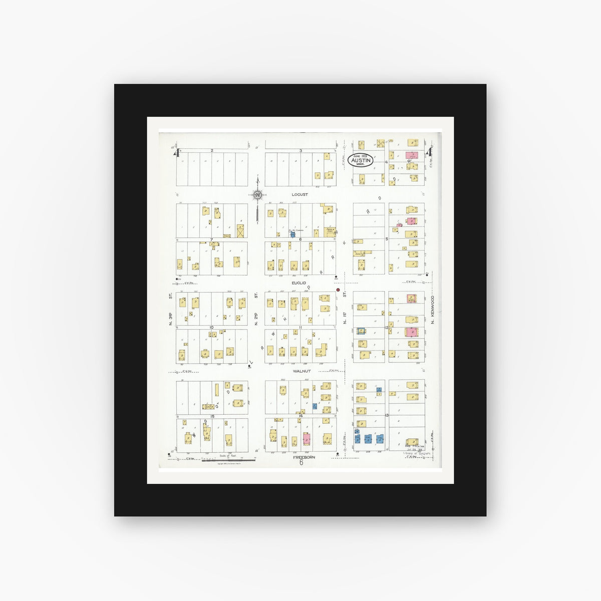 Old map wall art mockup — black gallery frame with white mat — Sanborn Fire Insurance Map from Austin, Mower County, Minnesota (1926), Sheet #0004