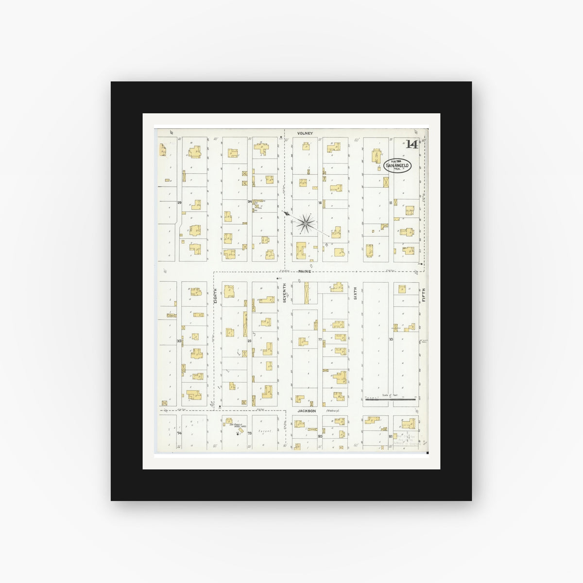 Old map wall art mockup — black gallery frame with white mat — Sanborn Fire Insurance Map from San Angelo, Tom Green County, Texas (1904), Sheet #0014