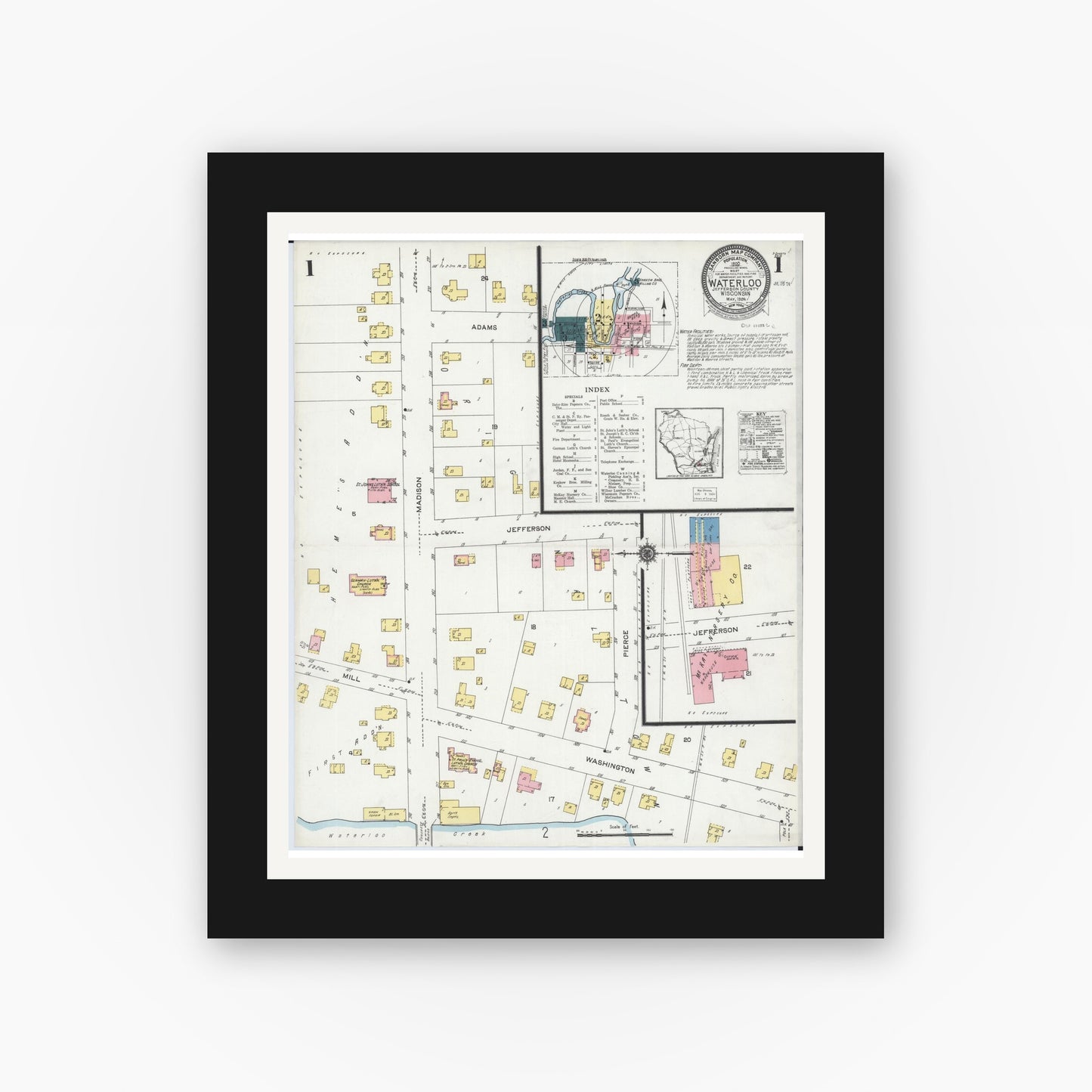 Old map wall art mockup — black gallery frame with white mat — Sanborn Fire Insurance Map from Waterloo, Jefferson County, Wisconsin (1924), Sheet #0001
