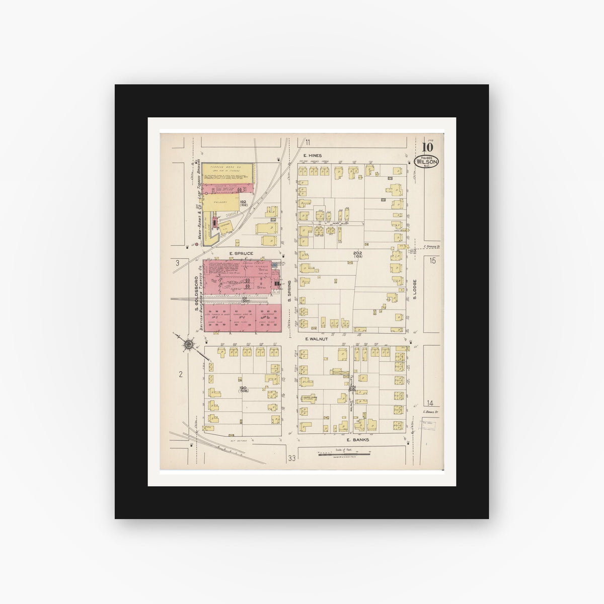 Old map wall art mockup — black gallery frame with white mat — Sanborn Fire Insurance Map from Wilson, Wilson County, North Carolina (1922), Sheet #0010