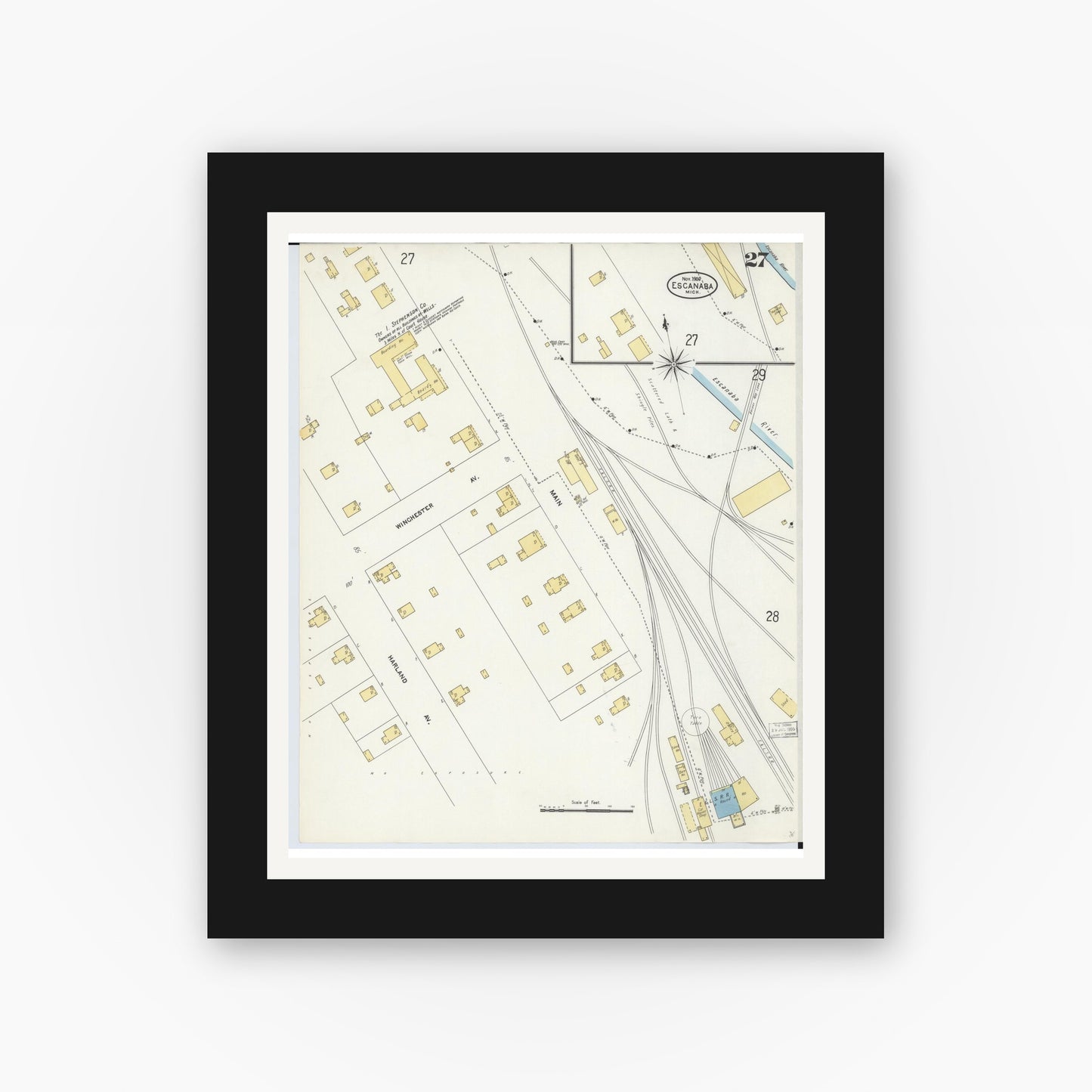Old map wall art mockup — black gallery frame with white mat — Sanborn Fire Insurance Map from Escanaba, Delta County, Michigan (1906), Sheet #0027