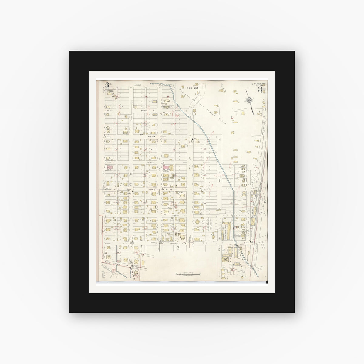 Old map wall art mockup — black gallery frame with white mat — Sanborn Fire Insurance Map from Silsbee, Hardin County, Texas (1942), Sheet #0003