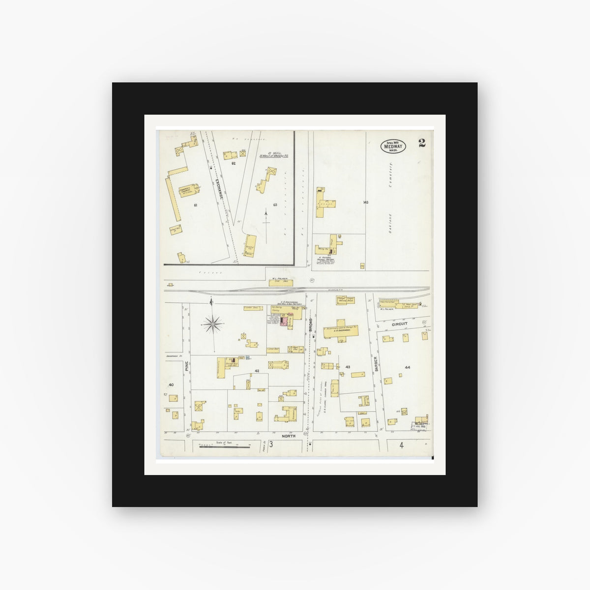Old map wall art mockup — black gallery frame with white mat — Sanborn Fire Insurance Map from Medway, Norfolk County, Massachusetts (1903), Sheet #0002