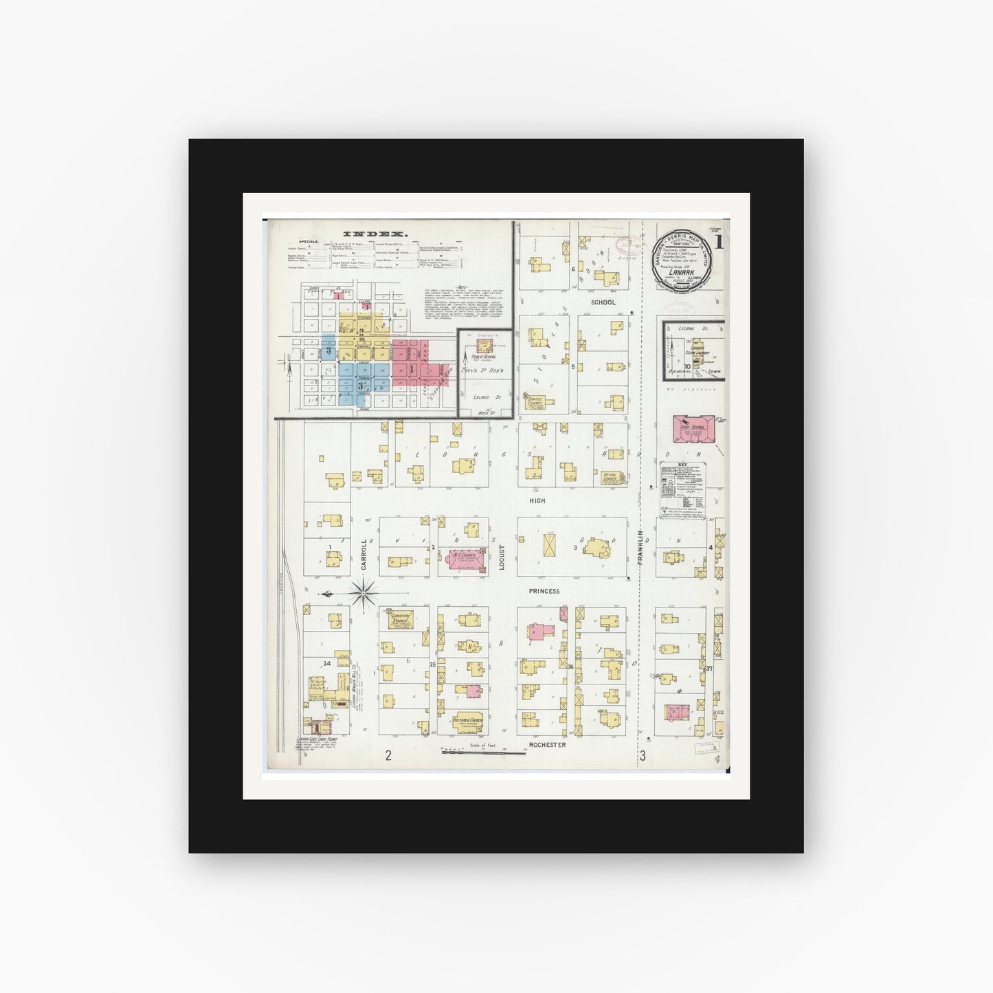 Old map wall art mockup — black gallery frame with white mat — Sanborn Fire Insurance Map from Lanark, Carroll County, Illinois (1899), Sheet #0001