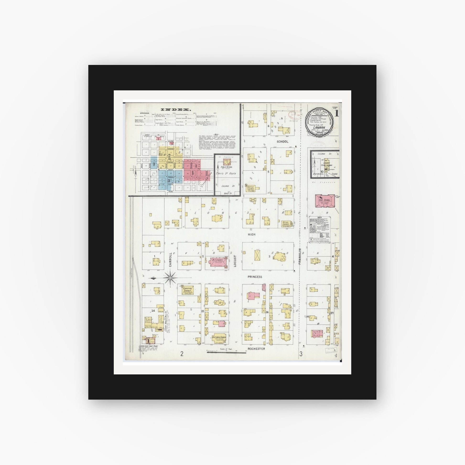 Old map wall art mockup — black gallery frame with white mat — Sanborn Fire Insurance Map from Lanark, Carroll County, Illinois (1899), Sheet #0001