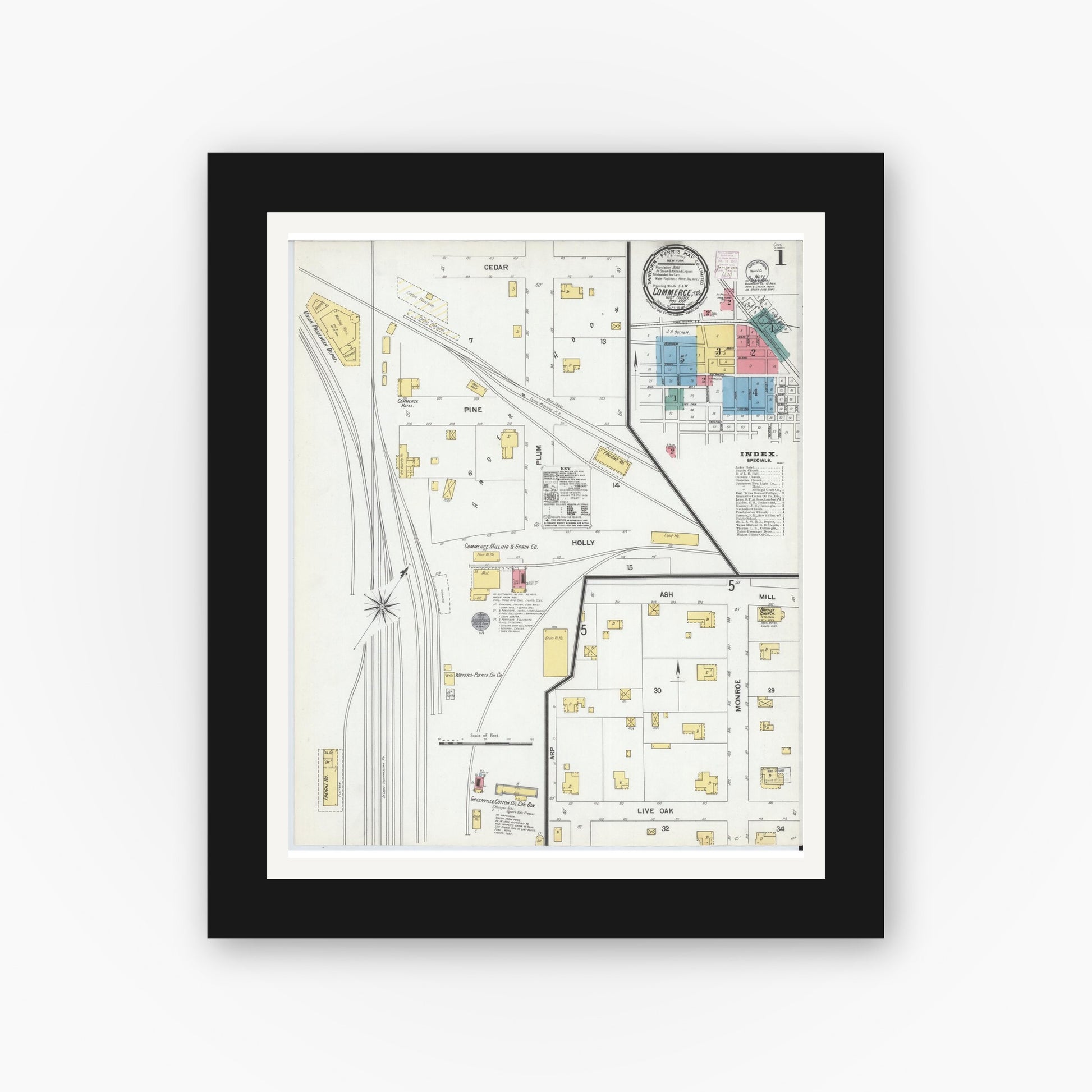 Old map wall art mockup — black gallery frame with white mat — Sanborn Fire Insurance Map from Commerce, Hunt County, Texas (1901), Sheet #0001