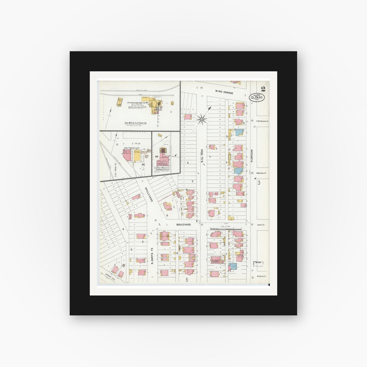 Old map wall art mockup — black gallery frame with white mat — Sanborn Fire Insurance Map from El Paso, El Paso County, Texas (1900), Sheet #0002