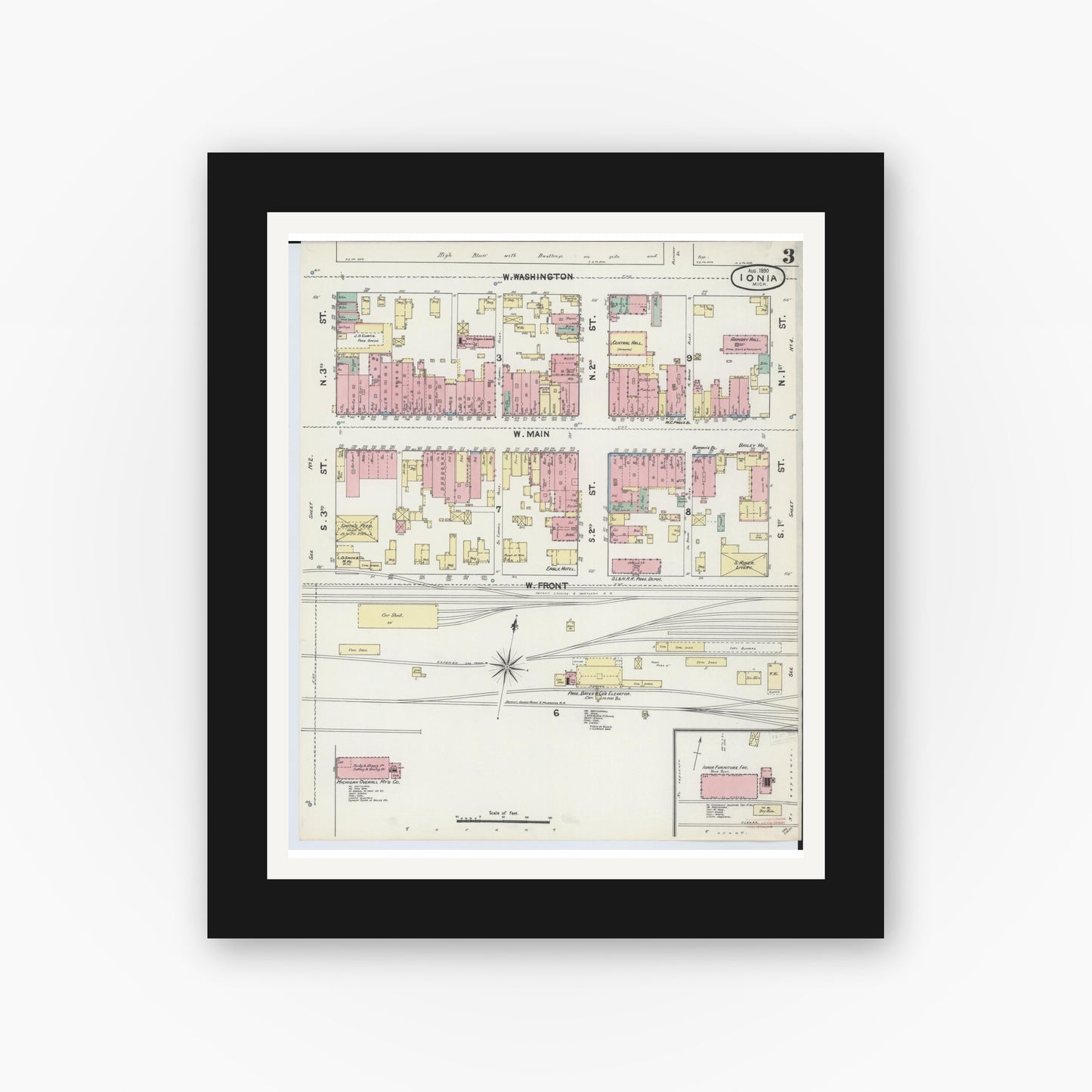 Old map wall art mockup — black gallery frame with white mat — Sanborn Fire Insurance Map from Ionia, Ionia County, Michigan (1890), Sheet #0003