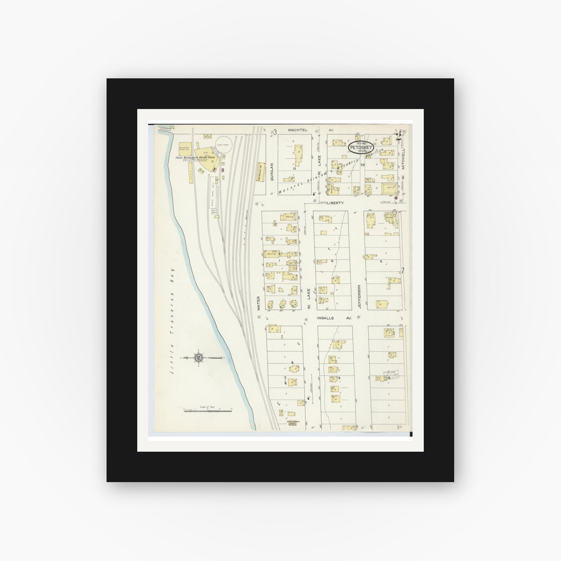 Old map wall art mockup — black gallery frame with white mat — Sanborn Fire Insurance Map from Petoskey, Emmet County, Michigan (1913), Sheet #0002