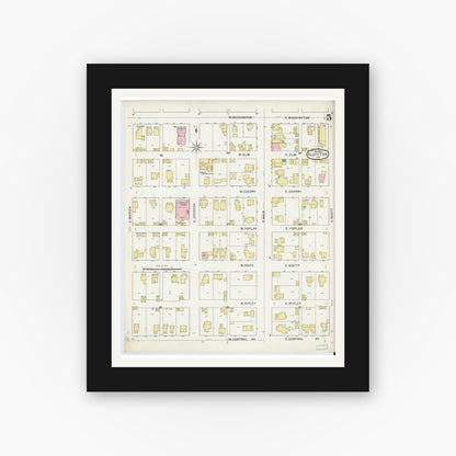 Old map wall art mockup — black gallery frame with white mat — Sanborn Fire Insurance Map from Bluffton, Wells County, Indiana (1895), Sheet #0005