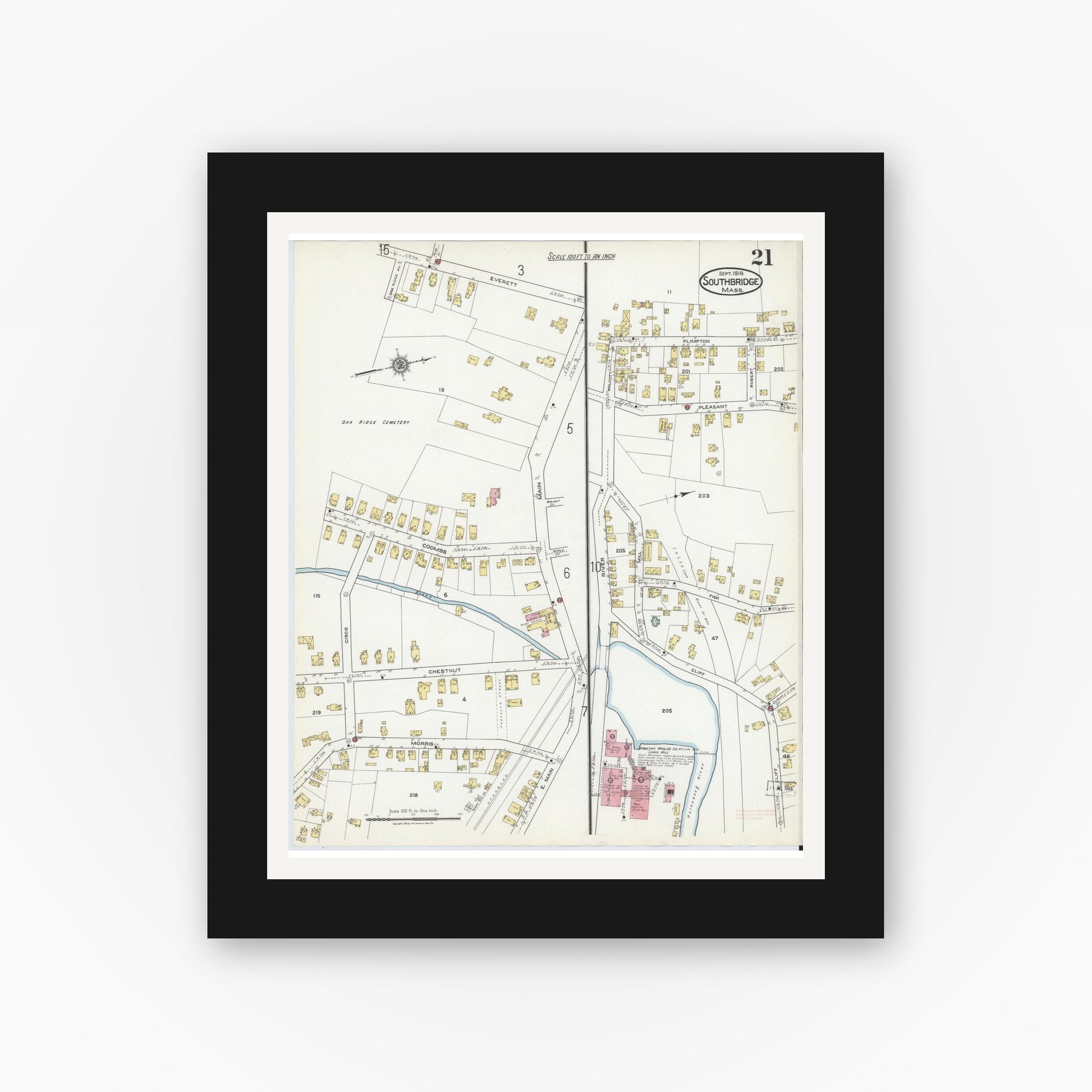 Old map wall art mockup — black gallery frame with white mat — Sanborn Fire Insurance Map from Southbridge, Worcester County, Massachusetts (1918), Sheet #0021