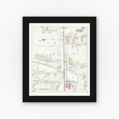 Old map wall art mockup — black gallery frame with white mat — Sanborn Fire Insurance Map from Southbridge, Worcester County, Massachusetts (1918), Sheet #0021
