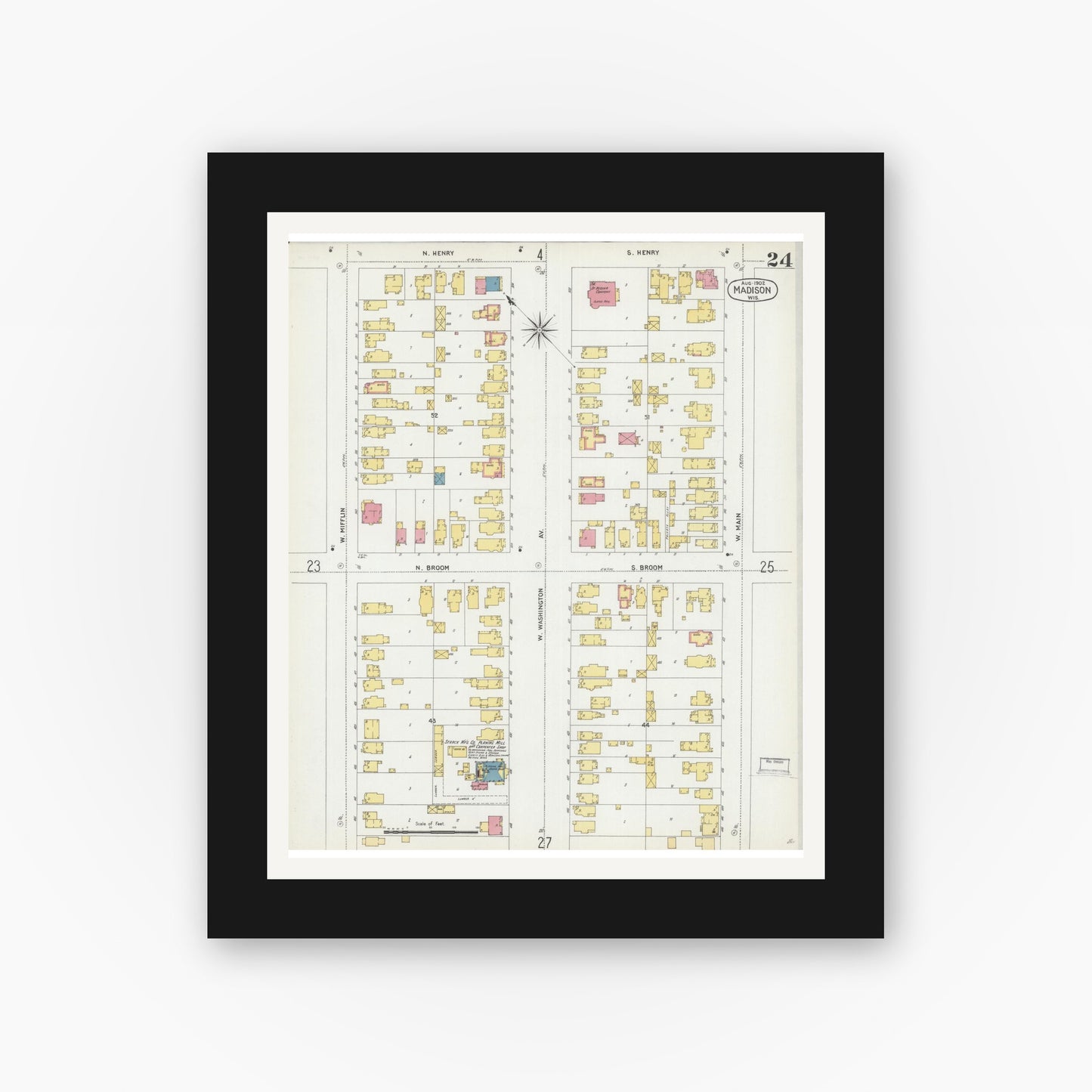 Old map wall art mockup — black gallery frame with white mat — Sanborn Fire Insurance Map from Madison, Dane County, Wisconsin (1902), Sheet #0024