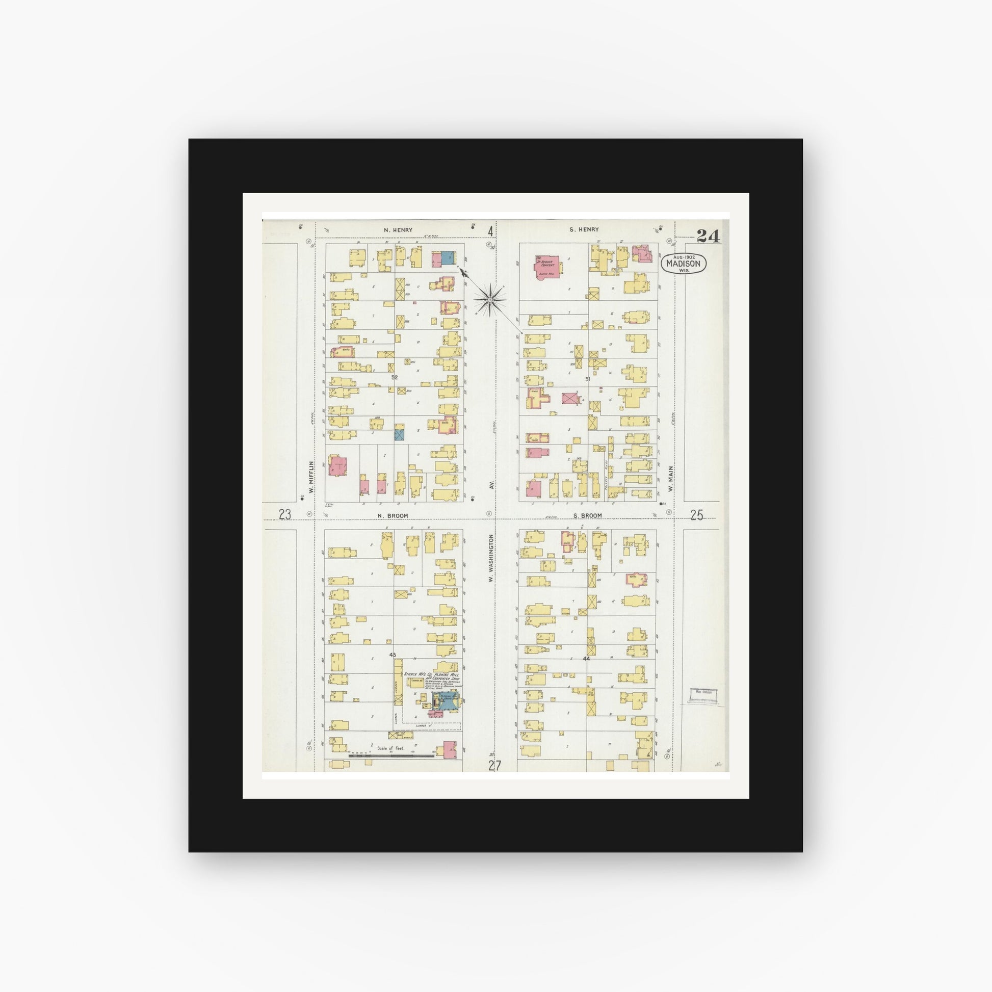 Old map wall art mockup — black gallery frame with white mat — Sanborn Fire Insurance Map from Madison, Dane County, Wisconsin (1902), Sheet #0024