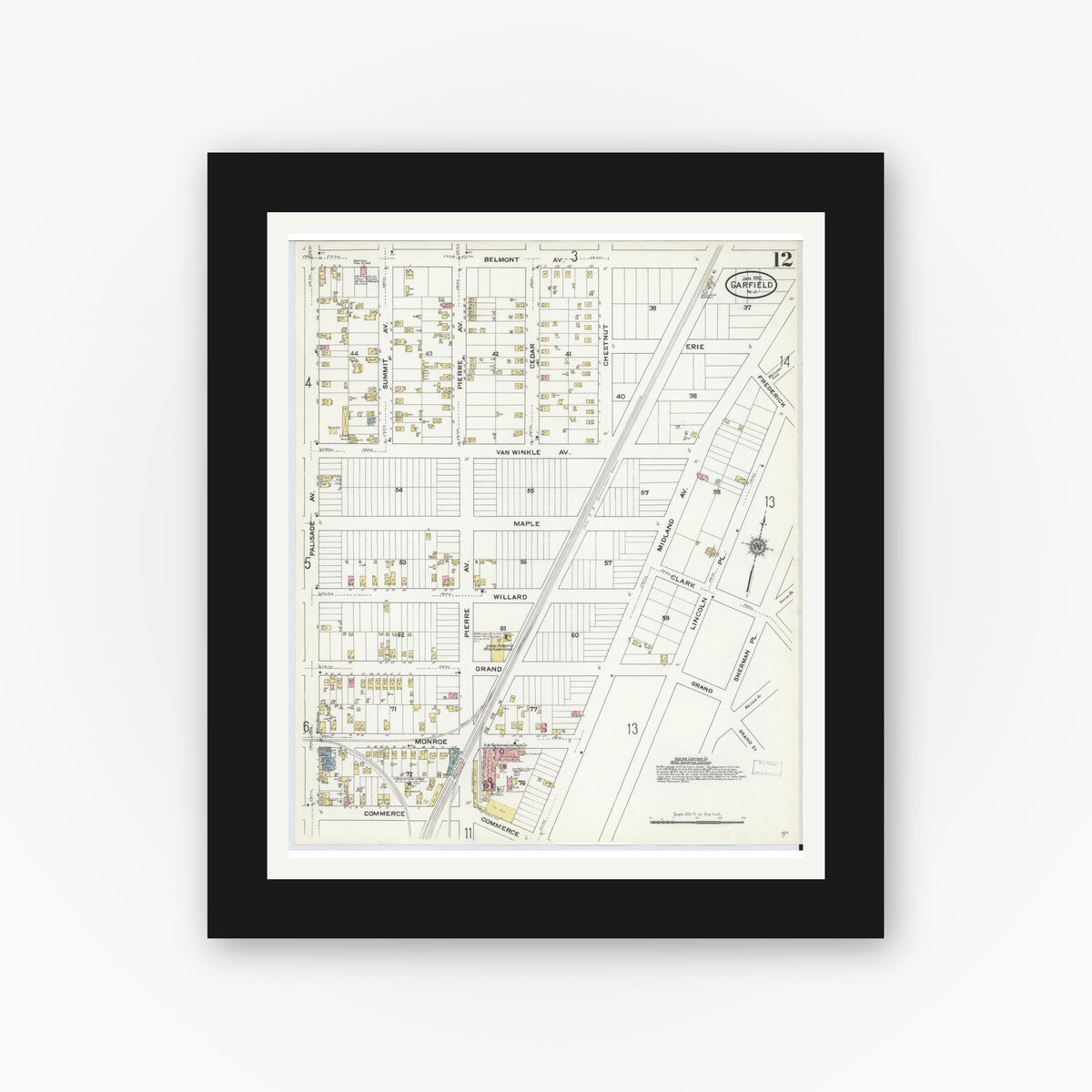 Old map wall art mockup — black gallery frame with white mat — Sanborn Fire Insurance Map from Garfield, Bergen County, New Jersey (1910), Sheet #0012