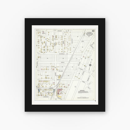 Old map wall art mockup — black gallery frame with white mat — Sanborn Fire Insurance Map from Garfield, Bergen County, New Jersey (1910), Sheet #0012