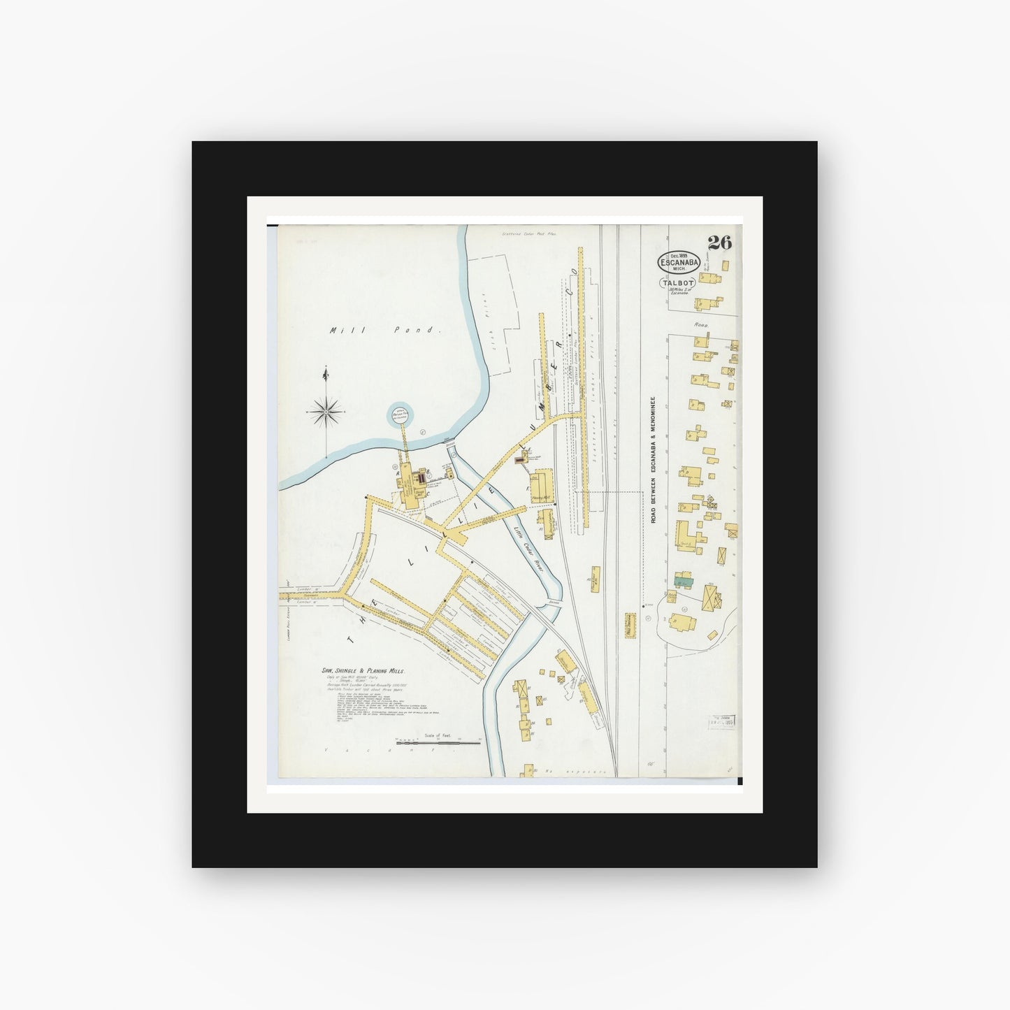 Old map wall art mockup — black gallery frame with white mat — Sanborn Fire Insurance Map from Escanaba, Delta County, Michigan (1899), Sheet #0026