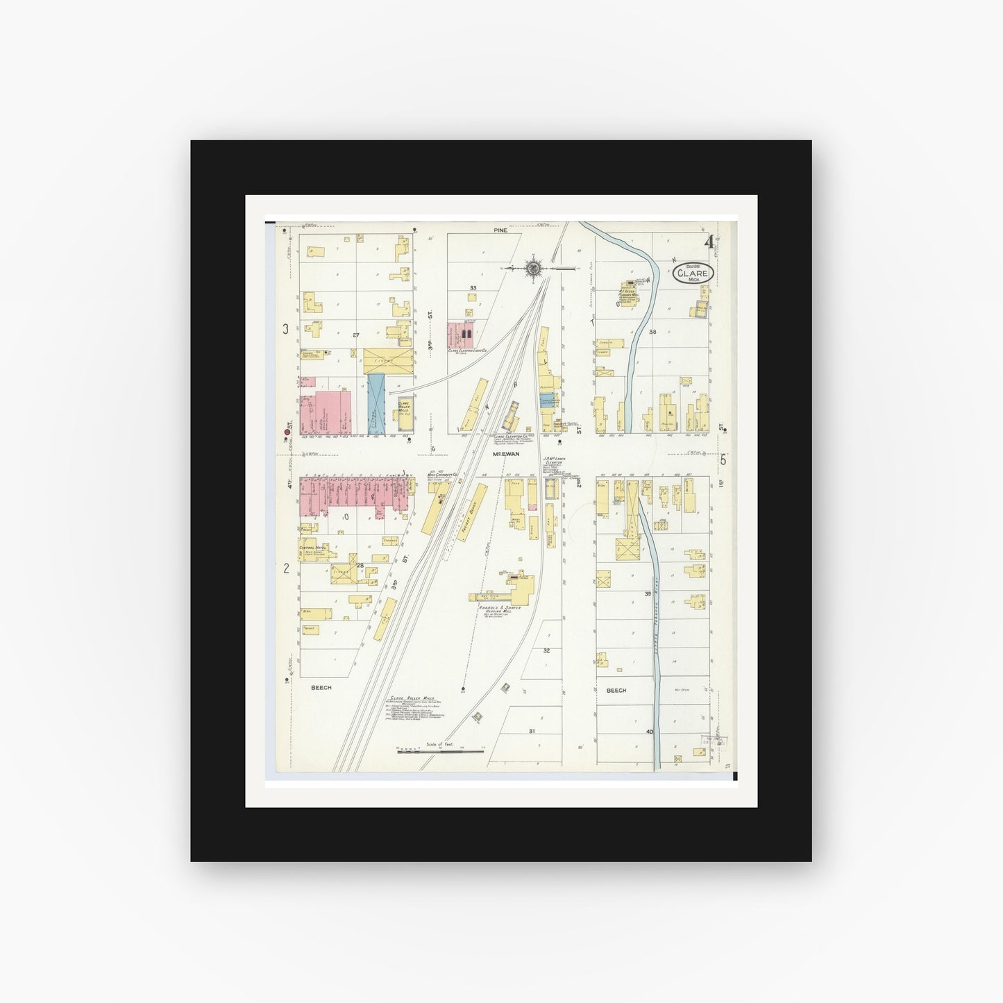 Old map wall art mockup — black gallery frame with white mat — Sanborn Fire Insurance Map from Clare, Clare County, Michigan (1910), Sheet #0004