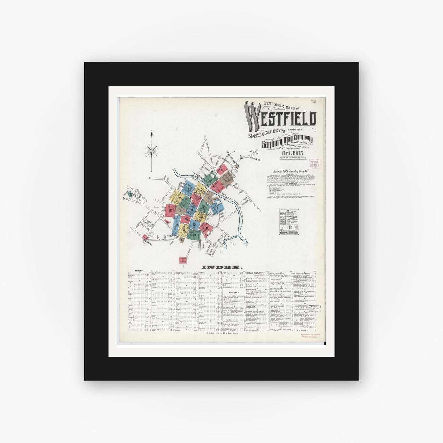 Old map wall art mockup — black gallery frame with white mat — Sanborn Fire Insurance Map from Westfield, Hampden County, Massachusetts (1905), Sheet #0001