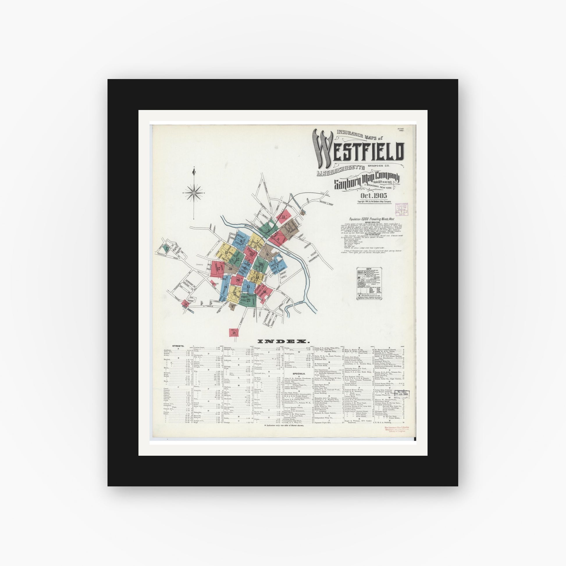 Old map wall art mockup — black gallery frame with white mat — Sanborn Fire Insurance Map from Westfield, Hampden County, Massachusetts (1905), Sheet #0001