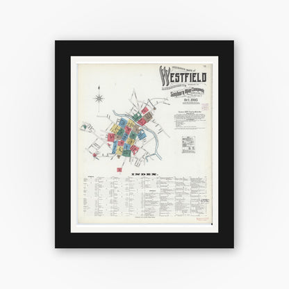 Old map wall art mockup — black gallery frame with white mat — Sanborn Fire Insurance Map from Westfield, Hampden County, Massachusetts (1905), Sheet #0001