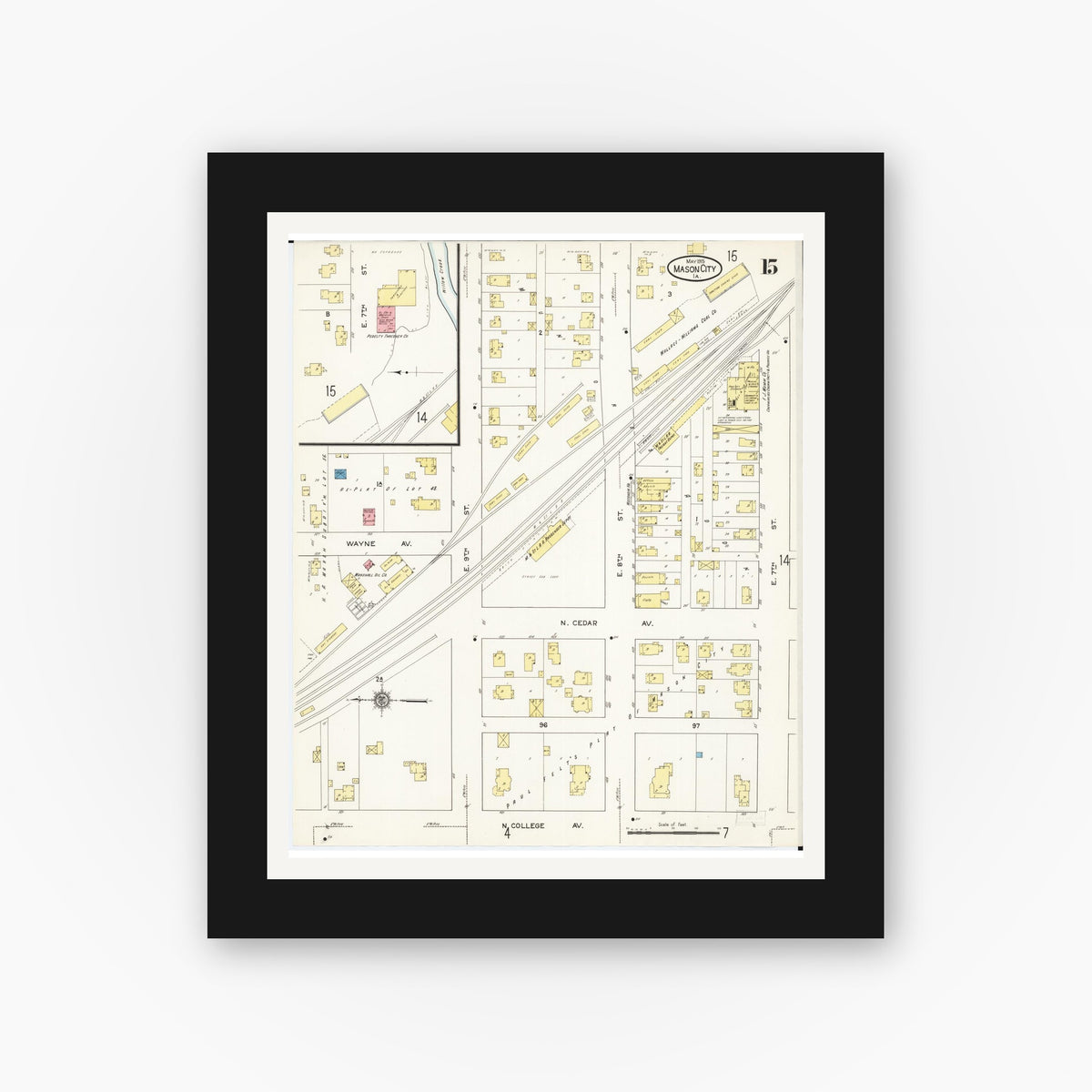 Old map wall art mockup — black gallery frame with white mat — Sanborn Fire Insurance Map from Mason City, Cerro Gordo County, Iowa (1915), Sheet #0015