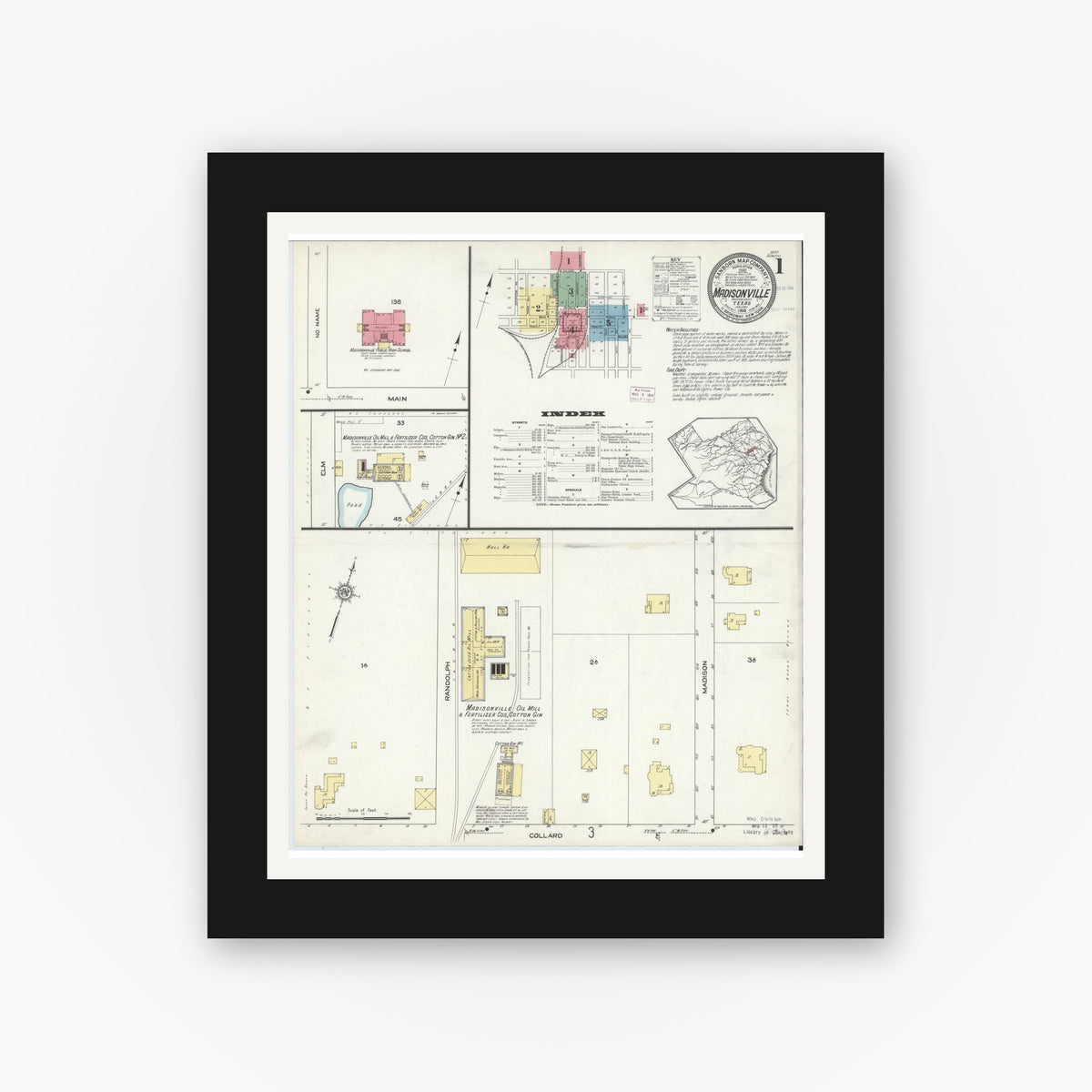 Old map wall art mockup — black gallery frame with white mat — Sanborn Fire Insurance Map from Madisonville, Madison County, Texas (1914) - Complete Map Set