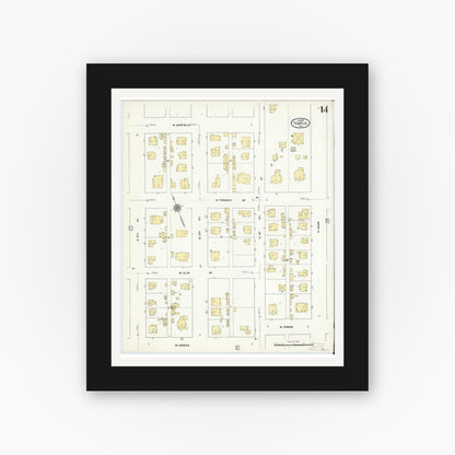Old map wall art mockup — black gallery frame with white mat — Sanborn Fire Insurance Map from Temple, Bell County, Texas (1910), Sheet #0014