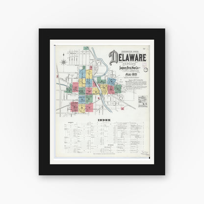 Old map wall art mockup — black gallery frame with white mat — Sanborn Fire Insurance Map from Delaware, Delaware County, Ohio (1901), Sheet #0001