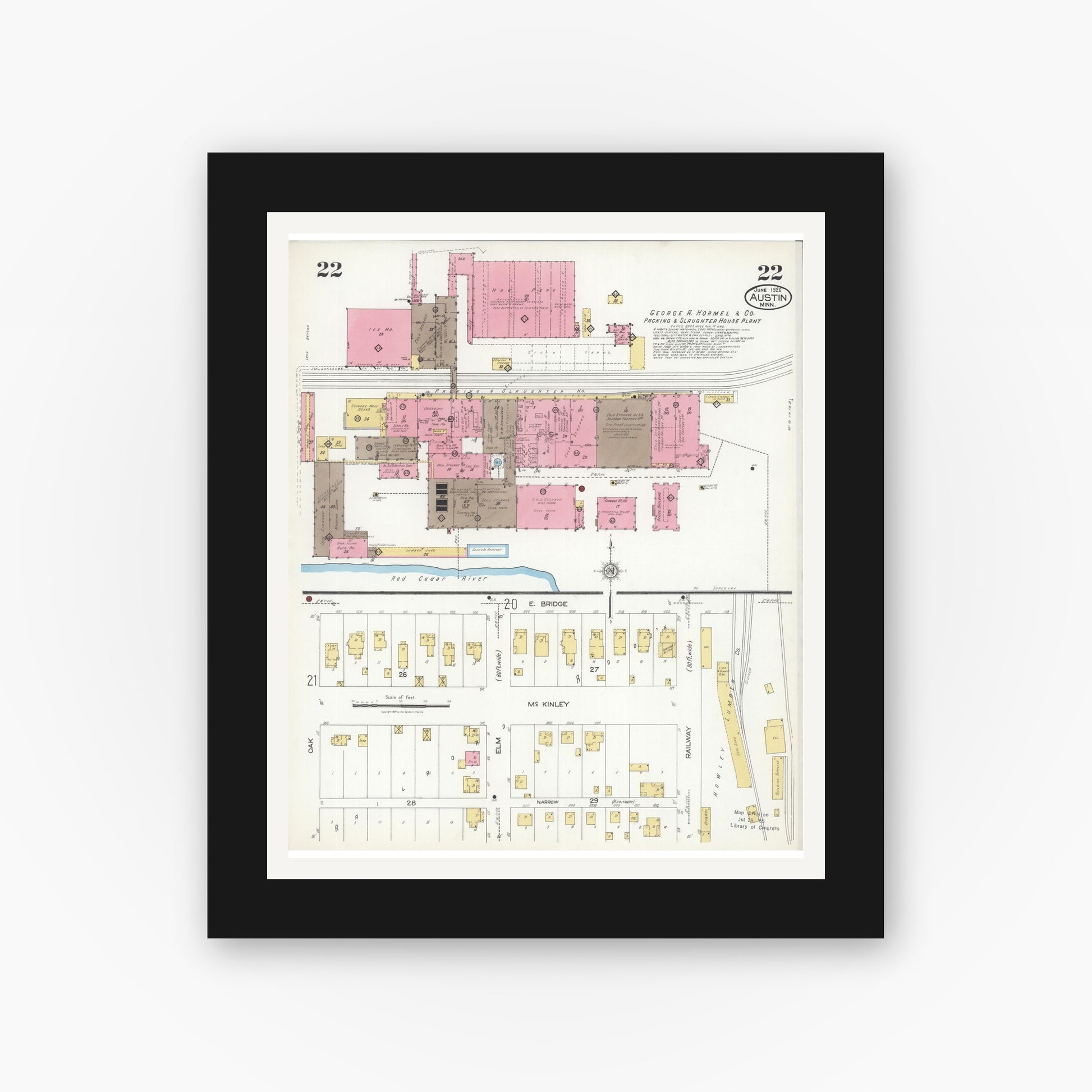 Old map wall art mockup — black gallery frame with white mat — Sanborn Fire Insurance Map from Austin, Mower County, Minnesota (1926), Sheet #0022