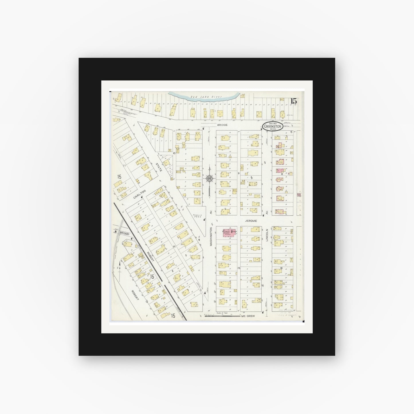 Old map wall art mockup — black gallery frame with white mat — Sanborn Fire Insurance Map from Crookston, Polk County, Minnesota (1913), Sheet #0015