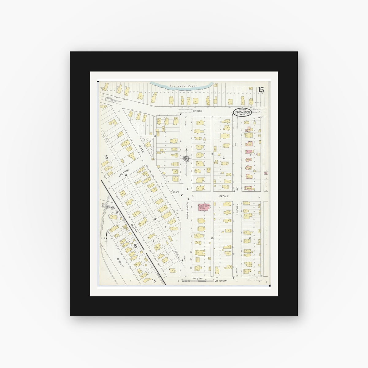 Old map wall art mockup — black gallery frame with white mat — Sanborn Fire Insurance Map from Crookston, Polk County, Minnesota (1913), Sheet #0015