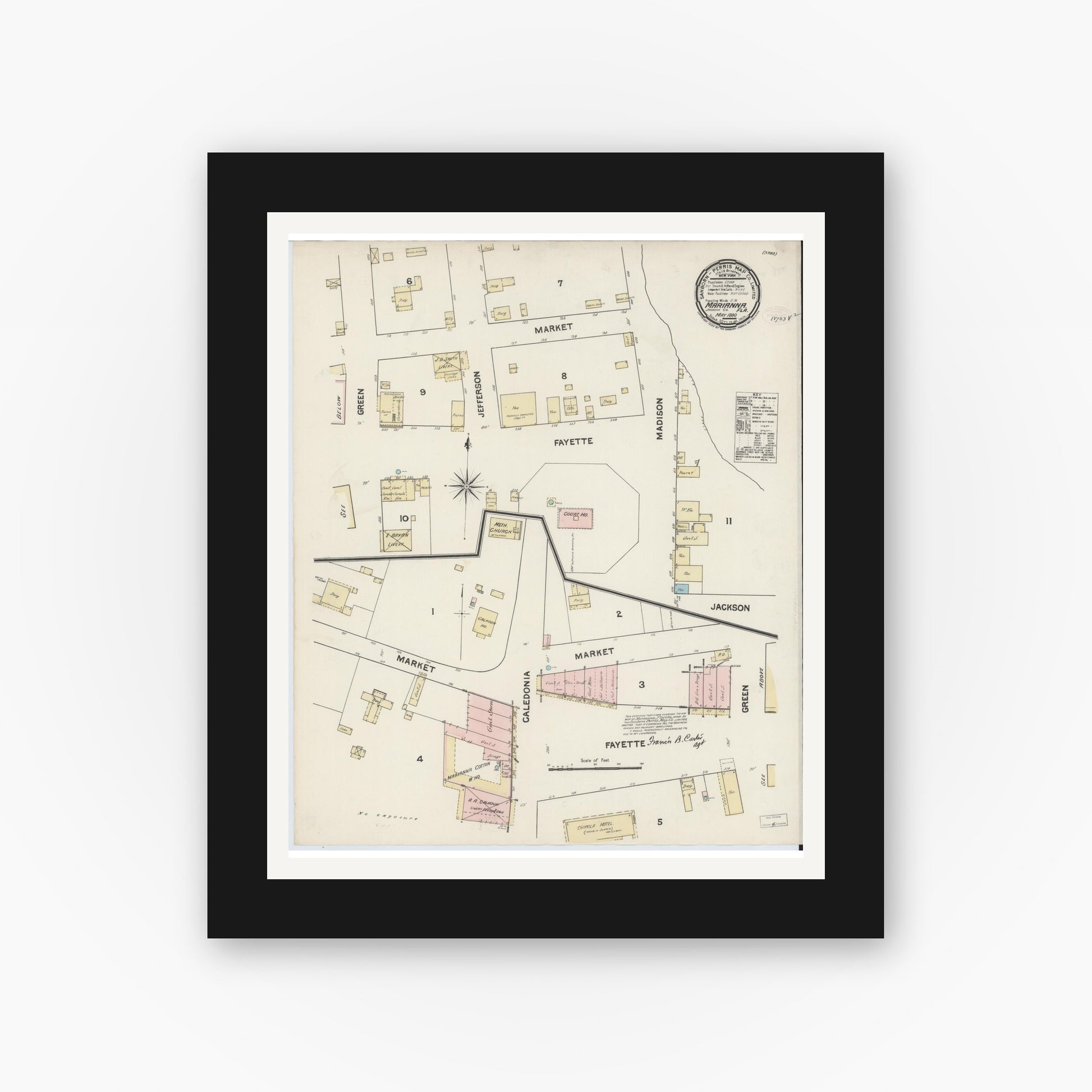 Old map wall art mockup — black gallery frame with white mat — Sanborn Fire Insurance Map from Marianna, Jackson County, Florida (1890), Sheet #0001
